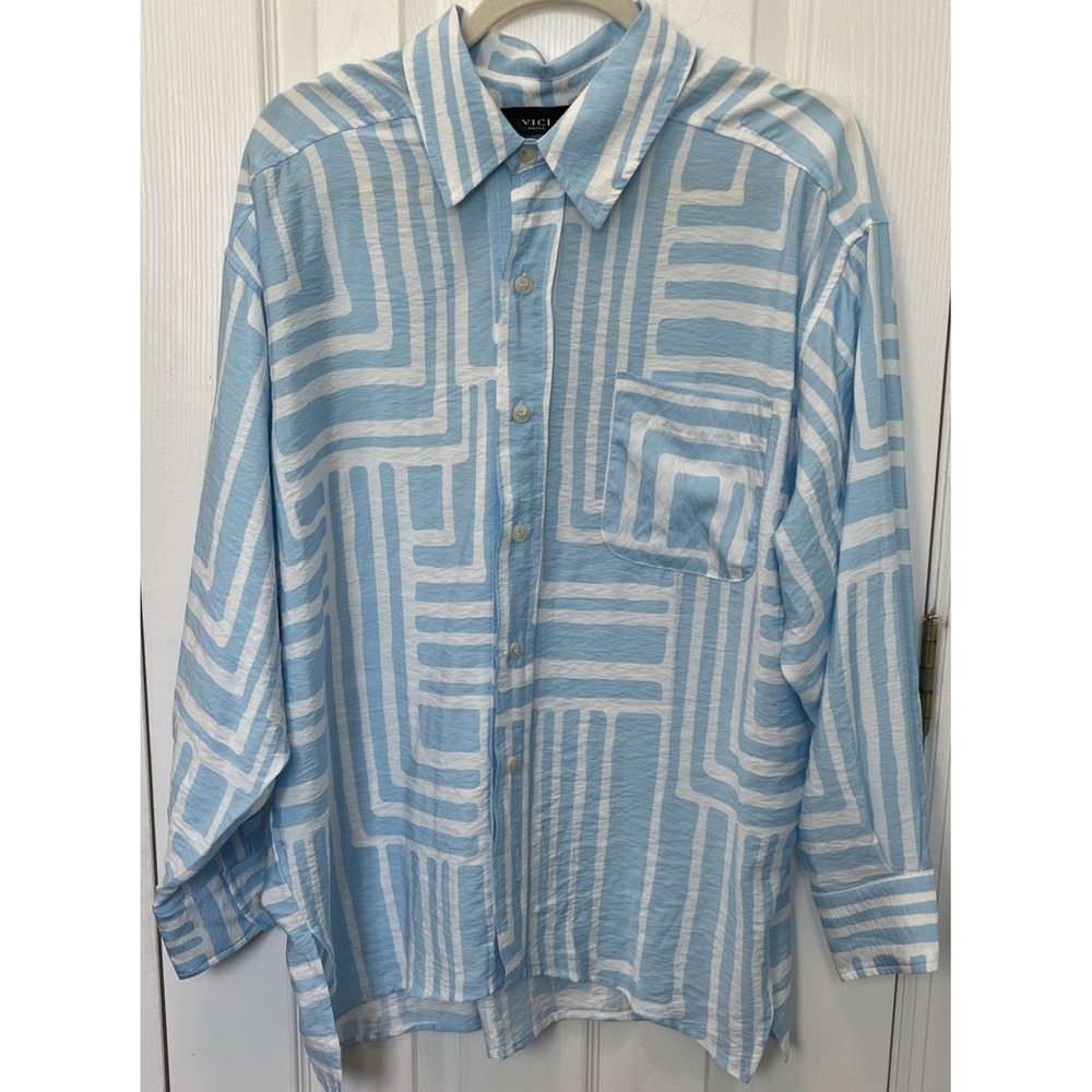 VICI Womens Blue White Stripe Oversized Shirt Button Up Small FT11799-P2063-VC